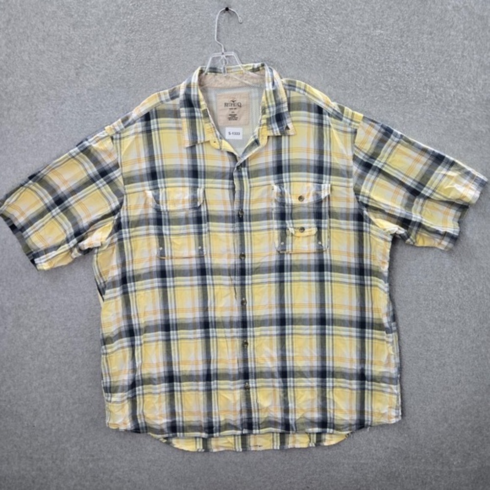 RedHead Men Button Up Shirt 3XL Yellow Plaid‎ Cargo Pockets Hiking Mesh Cotton